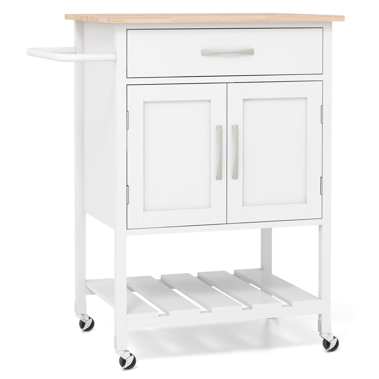 Rolling Kitchen Island Cart with Storage Cabinet Pull-Out Drawer Bottom Tray and Smooth Casters
